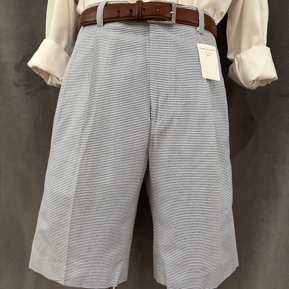 New Henry Jacobson 34” waist blue/white horizontal cotton seersucker shorts